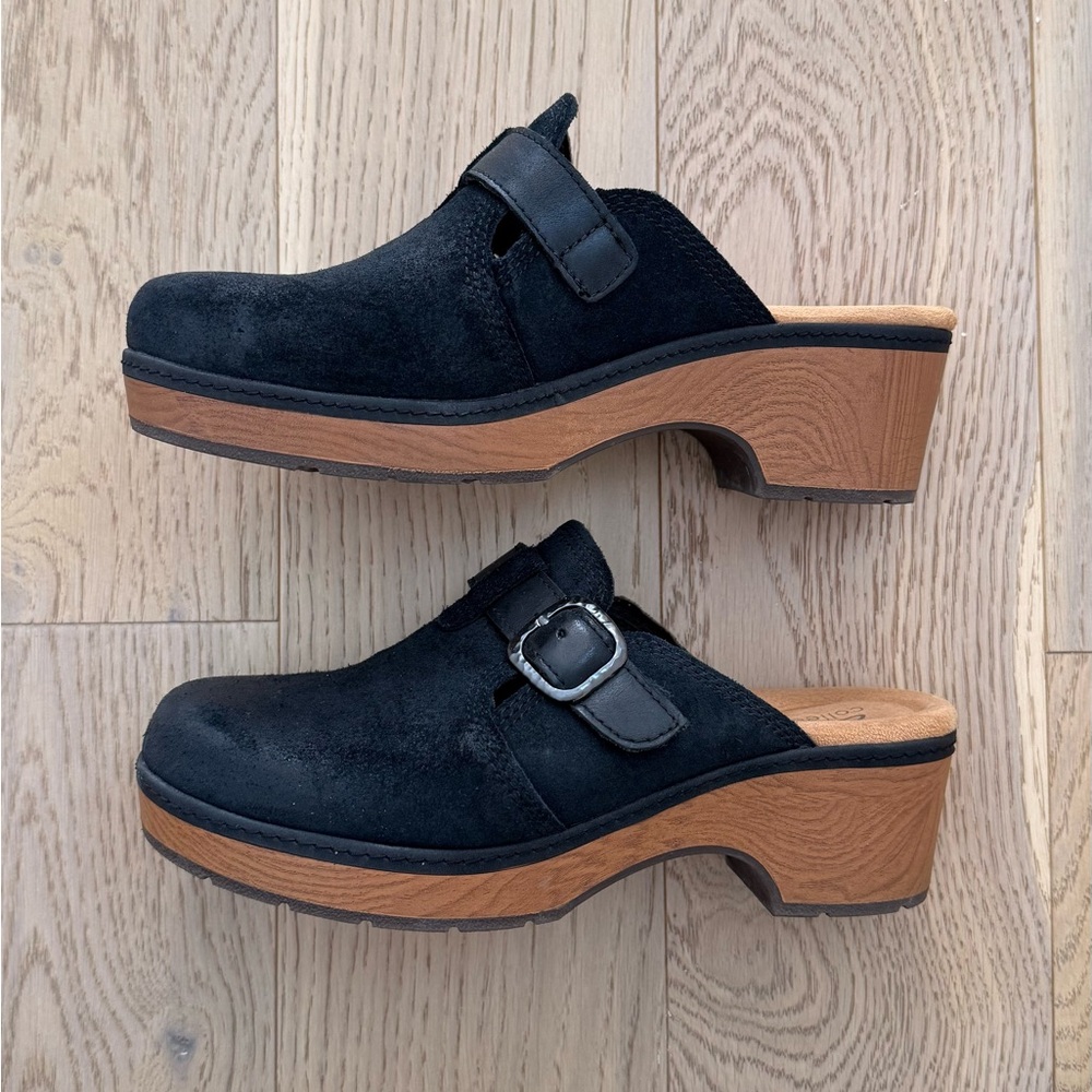 Clarks Black Suede Buckle Clogs